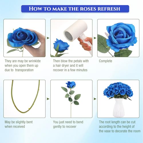 Product: Jexine 100 Pieces Artificial Roses Flowers Bulk, Long Stem Realistic Fake Silk Roses Bouquet for Table Centerpiece Vases Wedding Party Kitchen Decor (Royal Blue)