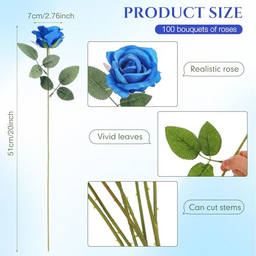 Product: Jexine 100 Pieces Artificial Roses Flowers Bulk, Long Stem Realistic Fake Silk Roses Bouquet for Table Centerpiece Vases Wedding Party Kitchen Decor (Royal Blue)