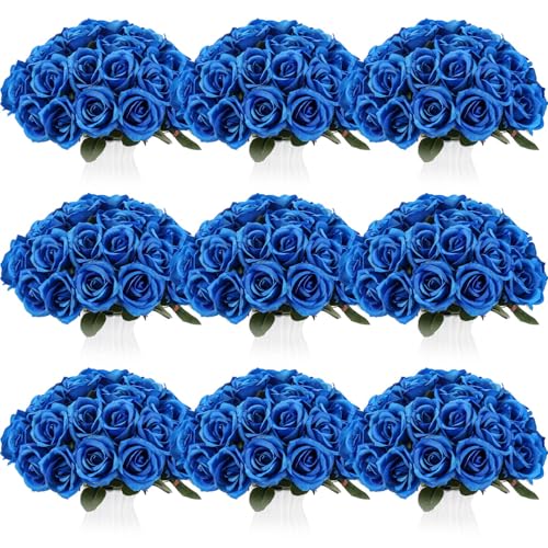 Product: Jexine 100 Pieces Artificial Roses Flowers Bulk, Long Stem Realistic Fake Silk Roses Bouquet for Table Centerpiece Vases Wedding Party Kitchen Decor (Royal Blue)