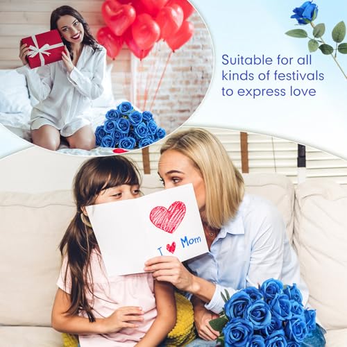 Product: Jexine 100 Pieces Artificial Roses Flowers Bulk, Long Stem Realistic Fake Silk Roses Bouquet for Table Centerpiece Vases Wedding Party Kitchen Decor (Royal Blue)
