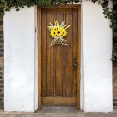 Product: LUMINFLY Door Wreaths Sunflower Hanging Floral Basket, 9.9 in X 15 in / 25 Cm X 38 Cm Yellow Artificial Decoration, Burlap Ribbon, Front Door Outside All Season, Baskets for Flowers