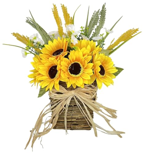 Product: LUMINFLY Door Wreaths Sunflower Hanging Floral Basket, 9.9 in X 15 in / 25 Cm X 38 Cm Yellow Artificial Decoration, Burlap Ribbon, Front Door Outside All Season, Baskets for Flowers