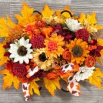 Product: Memobloom Fall Cemetery Flowers for Grave: Headstone Flower Saddle - Artificial Autumn Orange Red Sunflower Dahlia Leaf - Outdoor Grave Decorations
