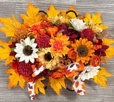 Product: Memobloom Fall Cemetery Flowers for Grave: Headstone Flower Saddle - Artificial Autumn Orange Red Sunflower Dahlia Leaf - Outdoor Grave Decorations