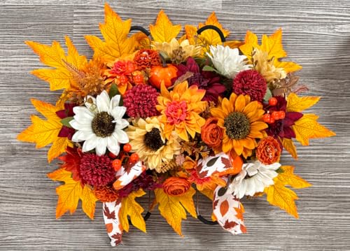 Product: Memobloom Fall Cemetery Flowers for Grave: Headstone Flower Saddle - Artificial Autumn Orange Red Sunflower Dahlia Leaf - Outdoor Grave Decorations