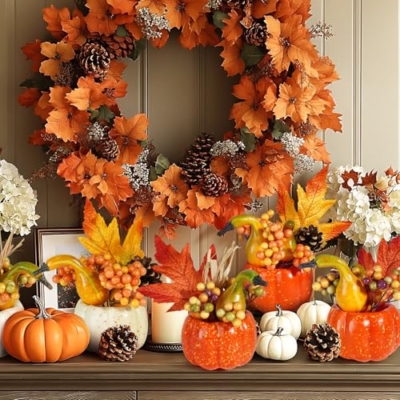 Silky Flower Store Artificial Pumpkin Decorations, Autumn Orange Harvest Décor, Maple Berry Acorn Pine Cone Set of 6, 20.5cm 11 11 Product: Miaikoe Set of 6 Artificial Pumpkin Decorations, Autumn Decorative Orange Pumpkin with Maple Berry Acorn Pine Cone Vegetables for Fall Thanksgiving Harvest Party Decoration