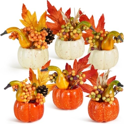 Product: Miaikoe Set of 6 Artificial Pumpkin Decorations, Autumn Decorative Orange Pumpkin with Maple Berry Acorn Pine Cone Vegetables for Fall Thanksgiving Harvest Party Decoration