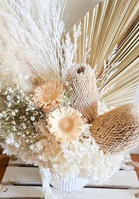 Product: Neutral White Beige Preserved Floral Arrangement In Vase Palm Banksia Dried Flowers Everlasting Bouquet Natural Home Wedding Décor for Front Door Hanging Wall Window Party Decoration(white) Garland fo