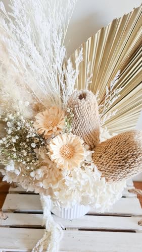 Product: Neutral White Beige Preserved Floral Arrangement In Vase Palm Banksia Dried Flowers Everlasting Bouquet Natural Home Wedding Décor for Front Door Hanging Wall Window Party Decoration(white) Garland fo