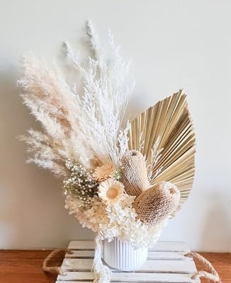 Product: Neutral White Beige Preserved Floral Arrangement In Vase Palm Banksia Dried Flowers Everlasting Bouquet Natural Home Wedding Décor for Front Door Hanging Wall Window Party Decoration(white) Garland fo