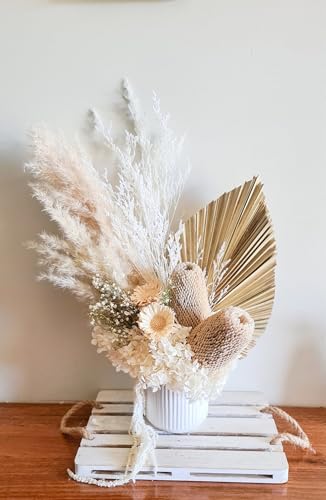 Product: Neutral White Beige Preserved Floral Arrangement In Vase Palm Banksia Dried Flowers Everlasting Bouquet Natural Home Wedding Décor for Front Door Hanging Wall Window Party Decoration(white) Garland fo