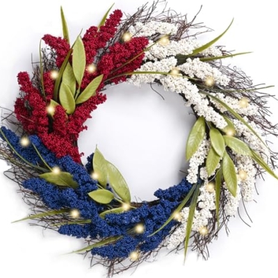 Product: Niangziaha Artificial Flowers for Decorative Floral arrangeme Beautiful Memorial Day Wreath, 20 Inch Patriotic Blue Red Wreaths with Lights for Porch for National Holiday Decor