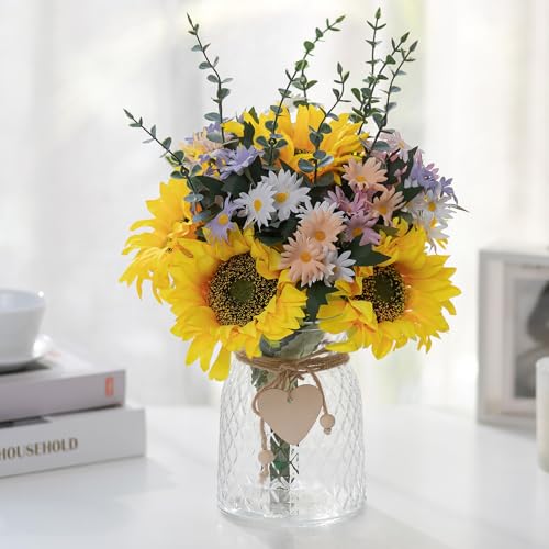 Product: NUPTIO Artificial Flowers in Vase for Table: Faux Sunflower Bouquet Arrangement in Vase for Home Living Room Kitchen - Fake Decorative Flower Plant Centrepiece for Window Shelf