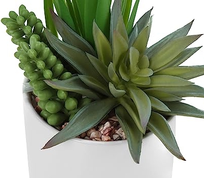 Product: OPAHDN Enhance Your Space with 7" Tall Artificial Succulent Plants, Easy Care Faux Greenery in White Ceramic Pots, Set of 2