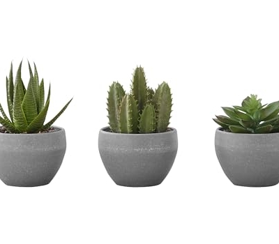 Product: OPAHDN Set of 3 Artificial Succulent Plants for Vibrant Home Décor, Easy Care Greenery in Stylish Grey Cement Pots,