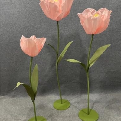 Product: Set of 3 Large Artificial Tulip Flowers with Adjustable Stems and Bases for Weddings, Events, Displays (Blue)(Light Pink)