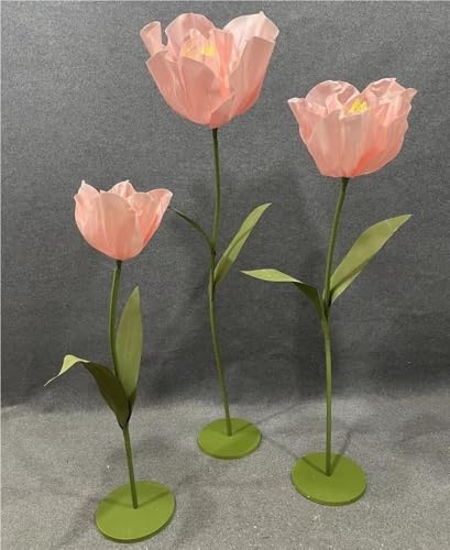 Product: Set of 3 Large Artificial Tulip Flowers with Adjustable Stems and Bases for Weddings, Events, Displays (Blue)(Light Pink)