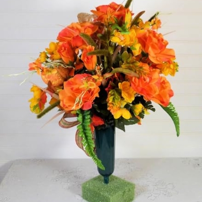 Product: Silk Florals & Frills 19 inch Fall Cemetery Vase with Scarecrow, Fall Flowers for Grave, Fall Cemetery Decor