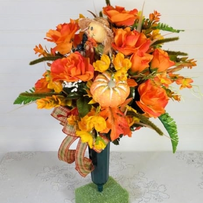 Product: Silk Florals & Frills 19 inch Fall Cemetery Vase with Scarecrow, Fall Flowers for Grave, Fall Cemetery Decor