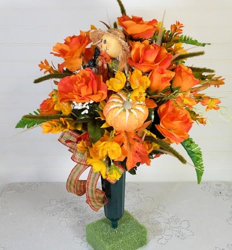 Product: Silk Florals & Frills 19 inch Fall Cemetery Vase with Scarecrow, Fall Flowers for Grave, Fall Cemetery Decor