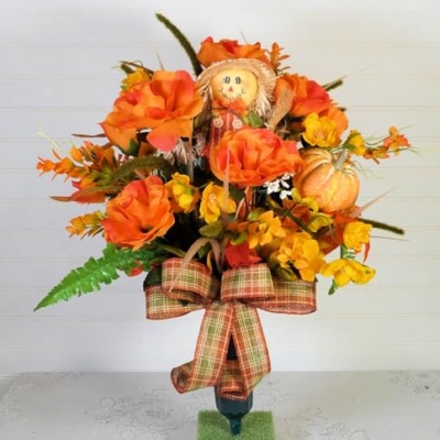 Product: Silk Florals & Frills 19 inch Fall Cemetery Vase with Scarecrow, Fall Flowers for Grave, Fall Cemetery Decor