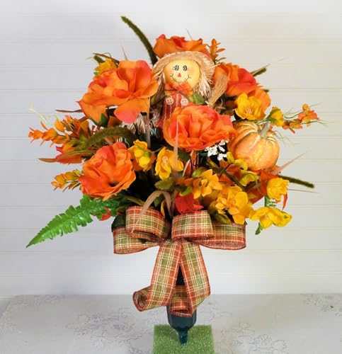 Product: Silk Florals & Frills 19 inch Fall Cemetery Vase with Scarecrow, Fall Flowers for Grave, Fall Cemetery Decor