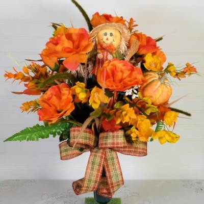 Product: Silk Florals & Frills 19 inch Fall Cemetery Vase with Scarecrow, Fall Flowers for Grave, Fall Cemetery Decor