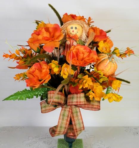 Product: Silk Florals & Frills 19 inch Fall Cemetery Vase with Scarecrow, Fall Flowers for Grave, Fall Cemetery Decor