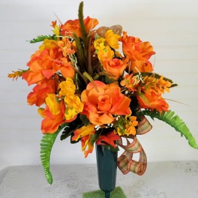 Product: Silk Florals & Frills 19 inch Fall Cemetery Vase with Scarecrow, Fall Flowers for Grave, Fall Cemetery Decor