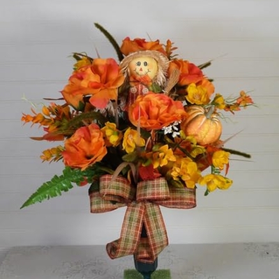 Product: Silk Florals & Frills 19 inch Fall Cemetery Vase with Scarecrow, Fall Flowers for Grave, Fall Cemetery Decor