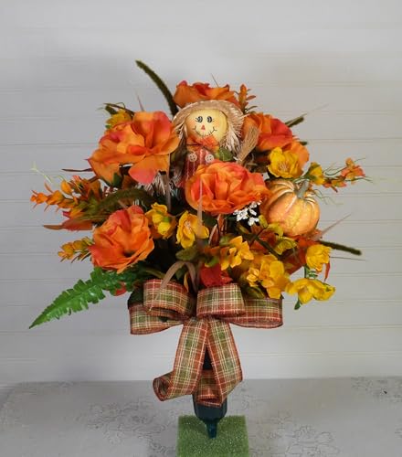 Product: Silk Florals & Frills 19 inch Fall Cemetery Vase with Scarecrow, Fall Flowers for Grave, Fall Cemetery Decor