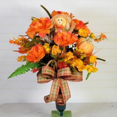 Product: Silk Florals & Frills 19 inch Fall Cemetery Vase with Scarecrow, Fall Flowers for Grave, Fall Cemetery Decor