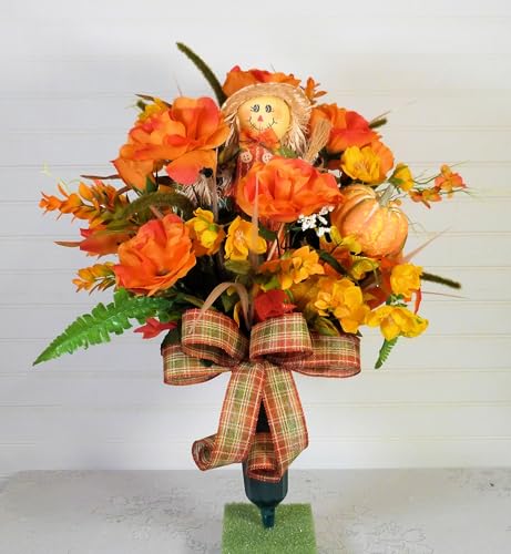 Product: Silk Florals & Frills 19 inch Fall Cemetery Vase with Scarecrow, Fall Flowers for Grave, Fall Cemetery Decor