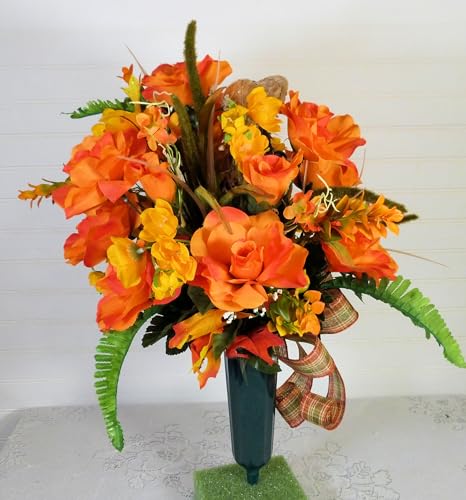 Product: Silk Florals & Frills 19 inch Fall Cemetery Vase with Scarecrow, Fall Flowers for Grave, Fall Cemetery Decor