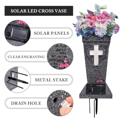 Product: Solar Cross Light Memorial Stone Solar Cemetery Vase with LED Cross Decorations Condolence Gifts for Loss of Loved One