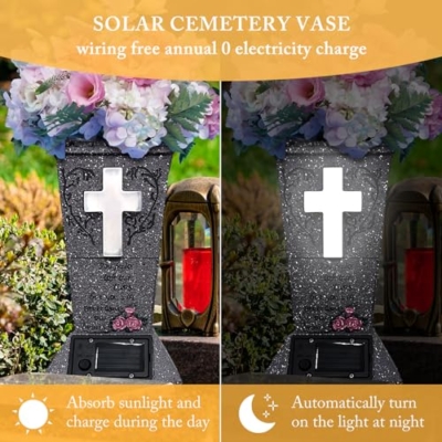 Product: Solar Cross Light Memorial Stone Solar Cemetery Vase with LED Cross Decorations Condolence Gifts for Loss of Loved One