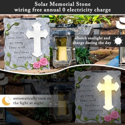 Product: Solar Cross Light Memorial Stone Solar Cemetery Vase with LED Cross Decorations Condolence Gifts for Loss of Loved One