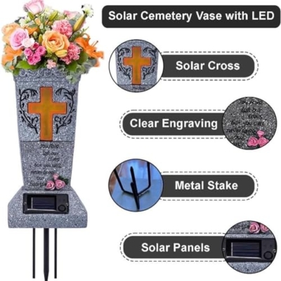 Product: Solar-Powered Cross Angel Flowerpot, 2025 New Cemetery Vase with Led for Plants and Flower, Tombstone Decoration for Memorial Day Independence Day, Unique Pot Ornament