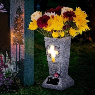 Product: Solar-Powered Cross Angel Flowerpot, 2025 New Cemetery Vase with Led for Plants and Flower, Tombstone Decoration for Memorial Day Independence Day, Unique Pot Ornament