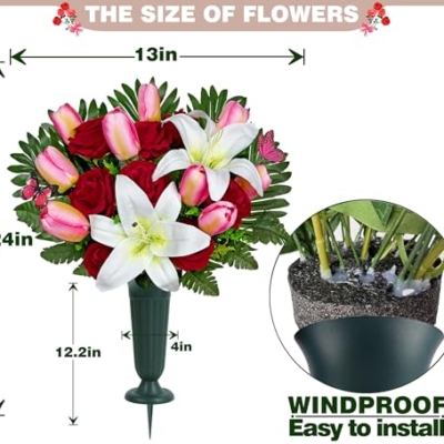 Silky Flower Store Artificial Cemetery Flowers, Realistic Silk Outdoor Grave Decorations, Headstone Saddle Bouquet Set, Weather Resistant 32.5cm 14 14 Product: SUHOOKOO Artificial Cemetery Flowers – Realistic Silk Flower Outdoor Grave Decorations