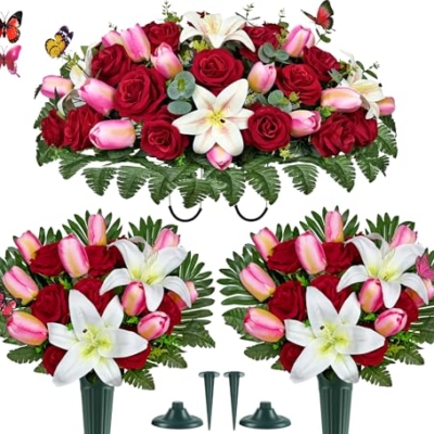 Product: SUHOOKOO Artificial Cemetery Flowers – Realistic Silk Flower Outdoor Grave Decorations