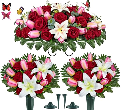 SUHOOKOO Artificial Cemetery Flowers – Realistic Silk Flower Outdoor Grave Decorations - Artificial Flower Arrangements Product: SUHOOKOO Artificial Cemetery Flowers – Realistic Silk Flower Outdoor Grave Decorations