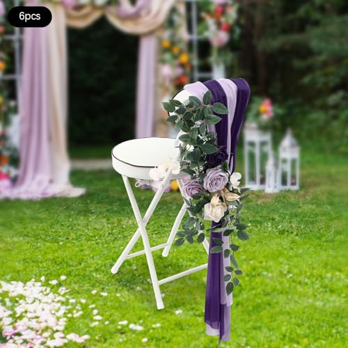 Product: TUQI Wedding Chair Decorations – 6-in-1 Artificial Flowers & Fabric Set with Purple Beige Roses, Greenery, Ribbons & Drapes, Reusable Wedding Ceremony, Aisle & Reception Decor