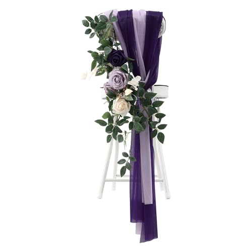 Product: TUQI Wedding Chair Decorations – 6-in-1 Artificial Flowers & Fabric Set with Purple Beige Roses, Greenery, Ribbons & Drapes, Reusable Wedding Ceremony, Aisle & Reception Decor