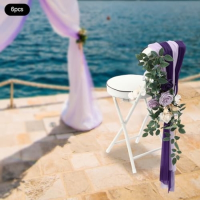 Product: TUQI Wedding Chair Decorations – 6-in-1 Artificial Flowers & Fabric Set with Purple Beige Roses, Greenery, Ribbons & Drapes, Reusable Wedding Ceremony, Aisle & Reception Decor