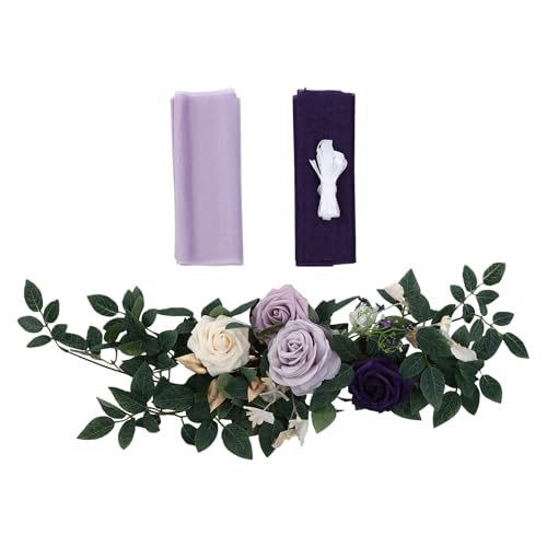 Product: TUQI Wedding Chair Decorations – 6-in-1 Artificial Flowers & Fabric Set with Purple Beige Roses, Greenery, Ribbons & Drapes, Reusable Wedding Ceremony, Aisle & Reception Decor
