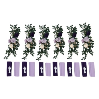 Product: TUQI Wedding Chair Decorations – 6-in-1 Artificial Flowers & Fabric Set with Purple Beige Roses, Greenery, Ribbons & Drapes, Reusable Wedding Ceremony, Aisle & Reception Decor