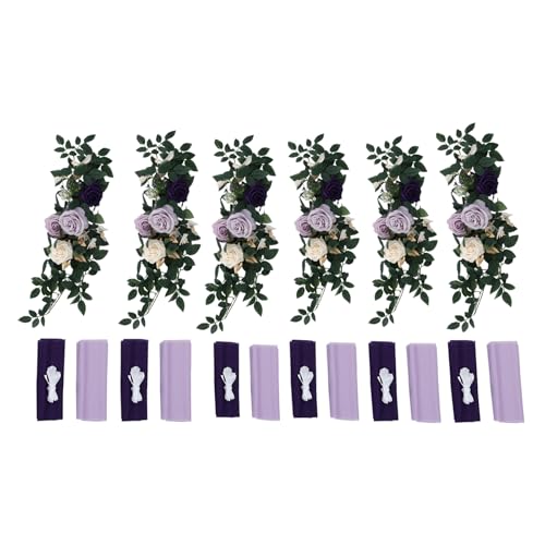 Product: TUQI Wedding Chair Decorations – 6-in-1 Artificial Flowers & Fabric Set with Purple Beige Roses, Greenery, Ribbons & Drapes, Reusable Wedding Ceremony, Aisle & Reception Decor