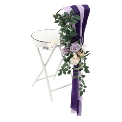 Product: TUQI Wedding Chair Decorations – 6-in-1 Artificial Flowers & Fabric Set with Purple Beige Roses, Greenery, Ribbons & Drapes, Reusable Wedding Ceremony, Aisle & Reception Decor