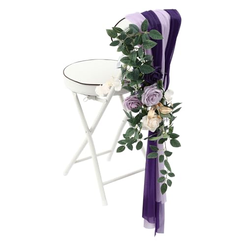 Product: TUQI Wedding Chair Decorations – 6-in-1 Artificial Flowers & Fabric Set with Purple Beige Roses, Greenery, Ribbons & Drapes, Reusable Wedding Ceremony, Aisle & Reception Decor